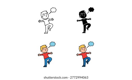 A set of four vector illustrations featuring a young boy with expressive thought bubbles, rendered in outline, silhouette, and full color styles. Perfect for concepts of imagination, ideas, and childh