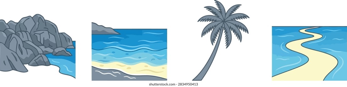 A set of four vector illustrations featuring tropical beach elements including rocky shores, ocean waves, a palm tree, and a winding sandy coastline.