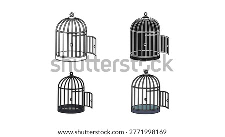 A set of four vector illustrations featuring bird cages, showcasing outline, silhouette, and detailed designs with open doors. Ideal for concepts of freedom, confinement, or design elements.