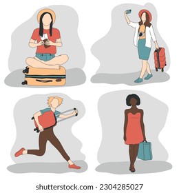 A set of four vector illustrations with girls without a face with a suitcase, showing travel, leisure, tourism, business trip