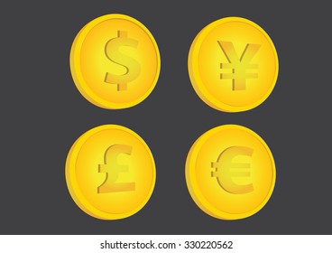 Set of four vector illustrations of gold coins with dollar, yen, pound and euro currency symbols, in slightly tilted position, isolated on black background.