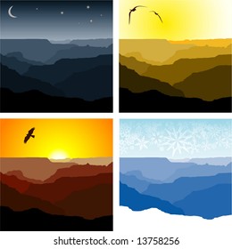 Set of four vector illustrations of the Grand Canyon representing winter, sunset, sunrise and night time.