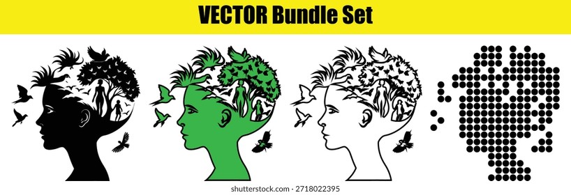 Conjunto de cuatro Ilustraciones vectoriales de cabezas con temáticas de naturaleza