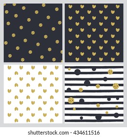 A set of four vector illustrations with hearts and black and gold polka dots of different sizes and black stripes on different-coloured backgrounds 