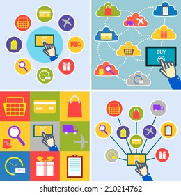 Set of four vector illustrations. Internet shopping. Order, payment and delivery. Tablet PC with hand. Flat style. 