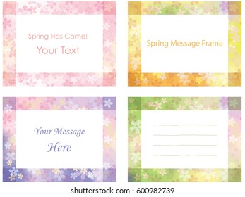 A set of four vector illustrations of message frames decorated with cherry blossoms in full bloom. 