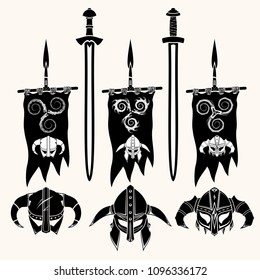 Set of four vector illustrations on a light background. Helmet and Viking's mask. A banner with a sacred symbol of Vikings.  Ancient sacral sign of Celts. Swords and spear. Vector illustration.