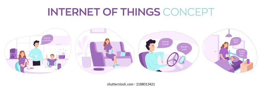 Set of four vector illustrations on the theme of the Internet of things. The robot vacuum cleaner, voice assistant and smart speaker, that controls kitchen appliances help the family in everyday life