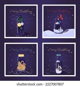Conjunto de cuatro ilustraciones vectoriales sobre un tema de Navidad. Las jarras mágicas con un cuento de hadas de invierno en el medio. Para tarjetas de felicitación, carteles, etc.