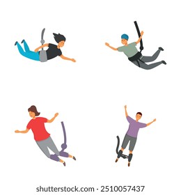 Set of four vector illustrations showing diverse individuals in dynamic free fall positions