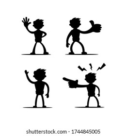 Set of four vector illustrations of silhouettes of boy cartoon character in various gestures in black isolated on white color background. Vol 1.