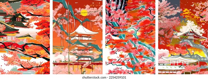 Set of four vector illustrations of traditional Japanese landscape, architecture and cherry blossom tree.