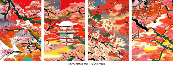 Set of four vector illustrations of traditional Japanese landscape, architecture and cherry blossom tree.