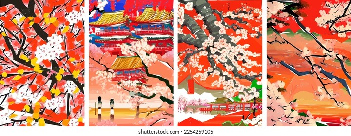 Conjunto de cuatro ilustraciones vectoriales del paisaje tradicional japonés, arquitectura y árbol de flores de cerezo.