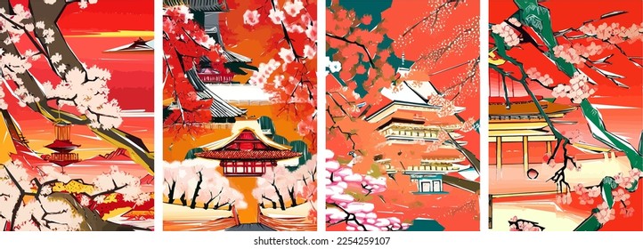 Conjunto de cuatro ilustraciones vectoriales del paisaje tradicional japonés, arquitectura y árbol de flores de cerezo.