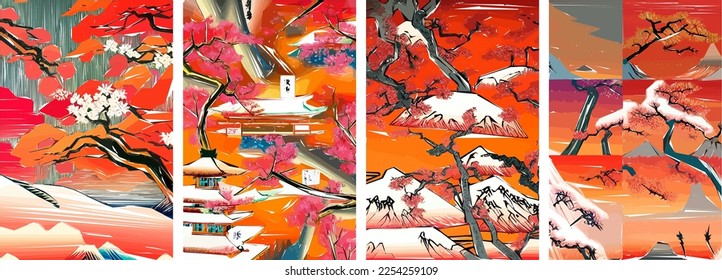 Set of four vector illustrations of traditional Japanese landscape, architecture and cherry blossom tree.