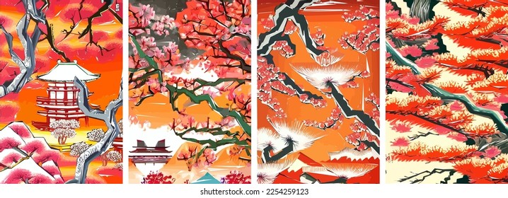 Set of four vector illustrations of traditional Japanese landscape, architecture and cherry blossom tree.