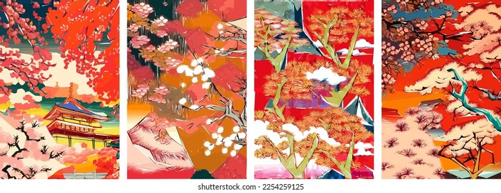 Set of four vector illustrations of traditional Japanese landscape, architecture and cherry blossom tree.