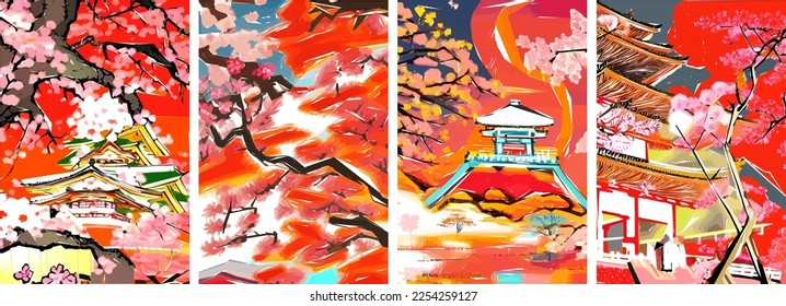 Set of four vector illustrations of traditional Japanese landscape, architecture and cherry blossom tree.