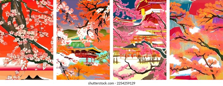 Set of four vector illustrations of traditional Japanese landscape, architecture and cherry blossom tree.