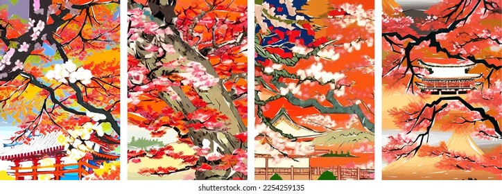 Set of four vector illustrations of traditional Japanese landscape, architecture and cherry blossom tree.