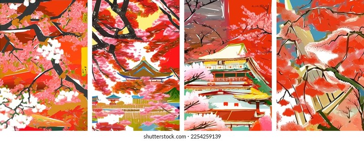 Set of four vector illustrations of traditional Japanese landscape, architecture and cherry blossom tree.