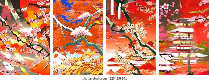 Set of four vector illustrations of traditional Japanese landscape, architecture and cherry blossom tree.