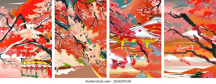 Set of four vector illustrations of traditional Japanese landscape, architecture and cherry blossom tree.