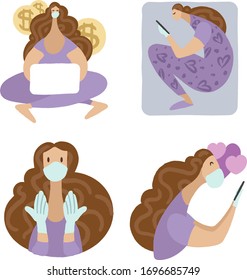 Set of four vector illustrations of a woman on quarantine. Pictures of a woman in personal protective equipment