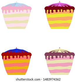 Set of four vector images of cake. Isolated white background.