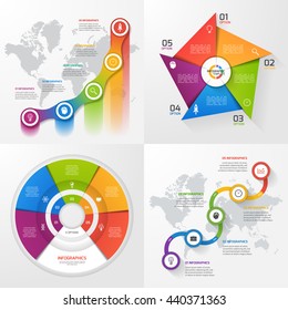 Set of four vector infographic templates. Business, education, industry, science concept with 5 values, options, parts, steps, processes.