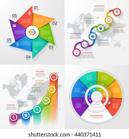 Set of four vector infographic templates. Business, education, industry, science concept with 6 values, options, parts, steps, processes.