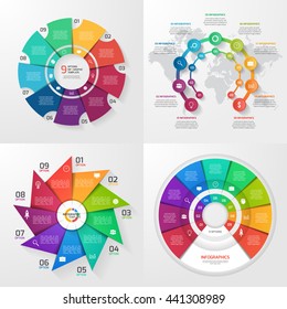 Set of four vector infographic templates. Business, education, industry, science concept with 9 values, options, parts, steps, processes.