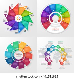 Set of four vector infographic templates. Business, education, industry, science concept with 10 values, options, parts, steps, processes.