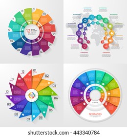 Set of four vector infographic templates. Business, education, industry, science concept with 12 values, options, parts, steps, processes.