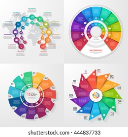 Set of four vector infographic templates. Business, education, industry, science concept with 11 values, options, parts, steps, processes.