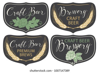 Set of four vector labels for craft beer and brewery with handwritten inscriptions, hop cones and spikelets in retro style