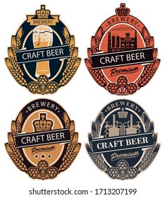 Set of four vector labels for craft beer of the private brewery in retro style in form of coat of arms. Labels with wheat or barley ears, hops and crown in oval frame