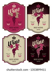 Set of four vector labels for red wine with bunch of grapes and calligraphic inscription in figured frame in retro style