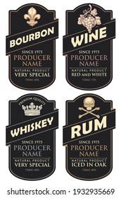 Set of four vector labels for various alcoholic beverages in the figured frames. Black labels for bourbon, wine, whiskey and rum in retro style on a light background