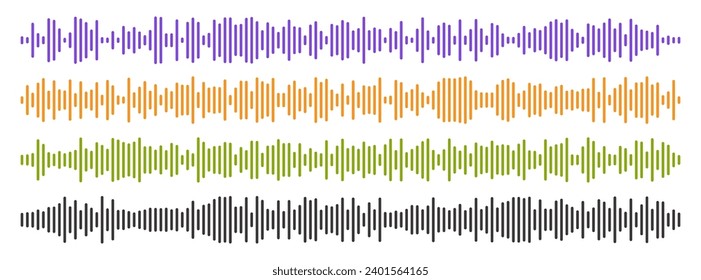 Set of four vector long sound waves of different intensities. Audio equalizer technology, pulse music. Audio player. Vector illustration.