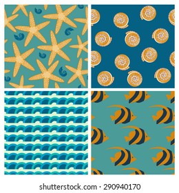 set of four vector marine seamless patterns