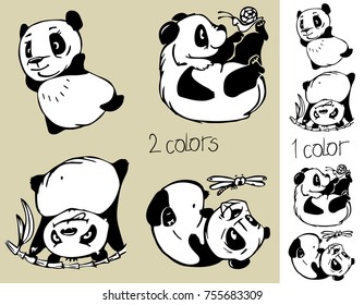 Set of four vector merry cartoon pandas in a two-color and one-color version