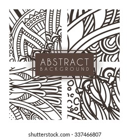 Set of four vector monochrome intricate patterns. Doodle. Zentangle. Monochromatic