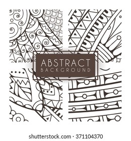 Set of four vector monochrome intricate patterns. Doodle. Zentangle. Monochromatic