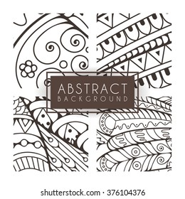 Set of four vector monochrome intricate patterns. Doodle. Zentangle. Monochromatic