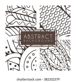 Set of four vector monochrome intricate patterns. Doodle. Zentangle. Monochromatic