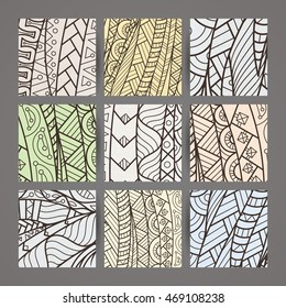 Set of four vector monochrome intricate patterns. Doodle. Zentangle. Ornate ornaments.