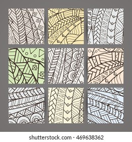 Set of four vector monochrome intricate patterns. Doodle. Zentangle. Ornate ornaments.