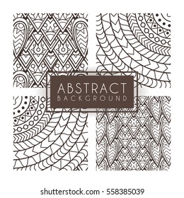 Set of four vector monochrome intricate patterns. Doodle. Zentangle. Monochromatic. Ornate ornaments.